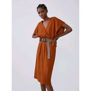 Zara Orange Textured Dress With Belt Crepe V Neck Turn Up Sleeve Size Small